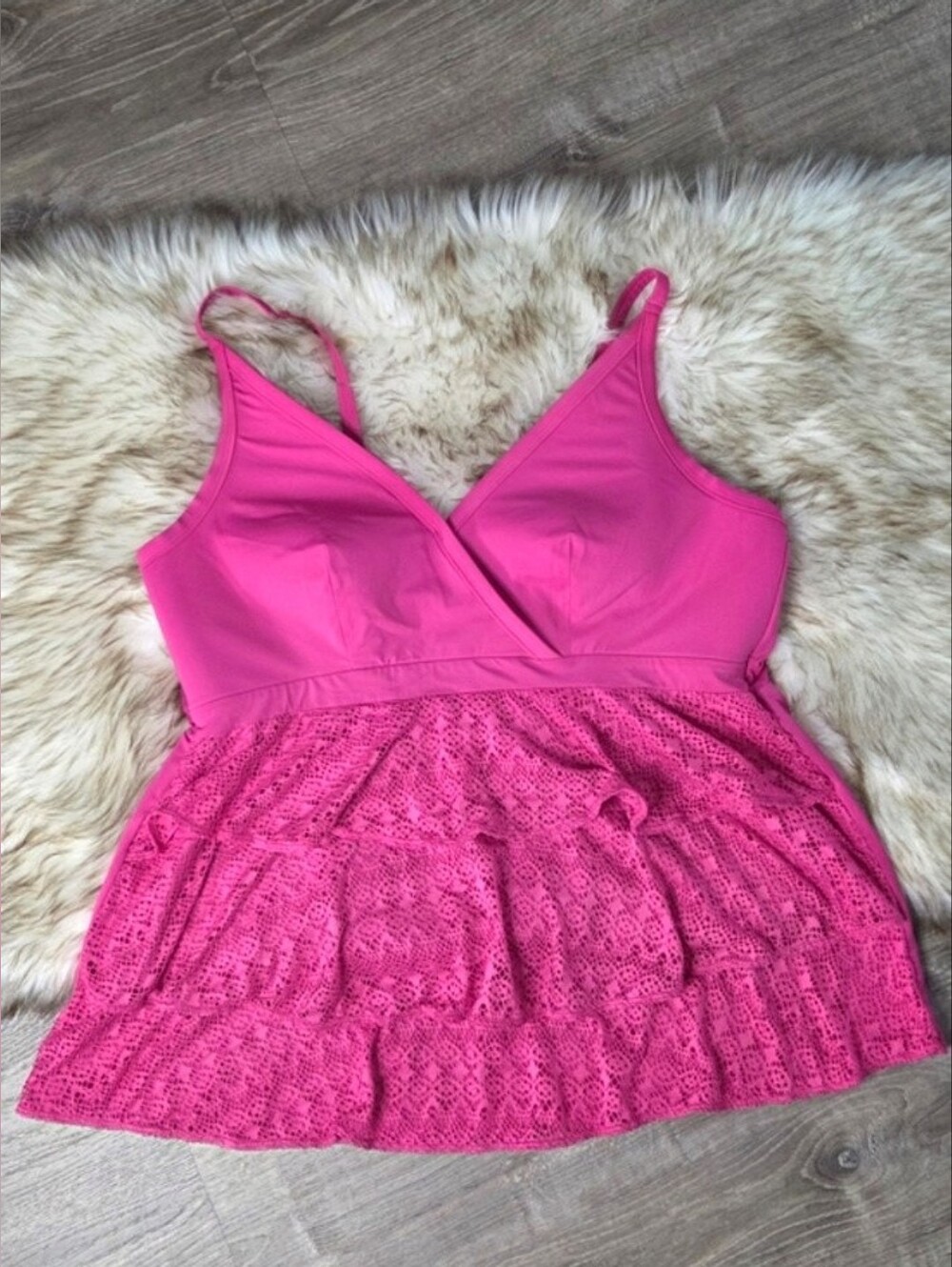 Cacique Pink Lace-Tiered Swim Tankini Top 26 Plus - Picture 6 of 8